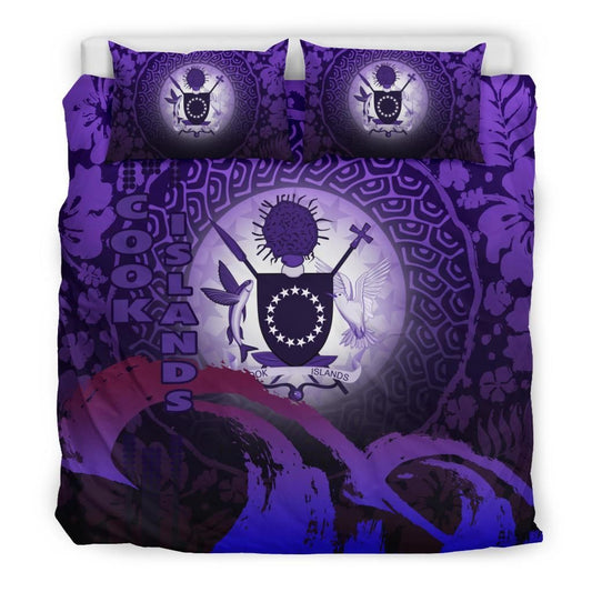 Cook Islands Duvet Cover Set - Cook Islands Coat Of Arms Wave And Hibiscus Purple