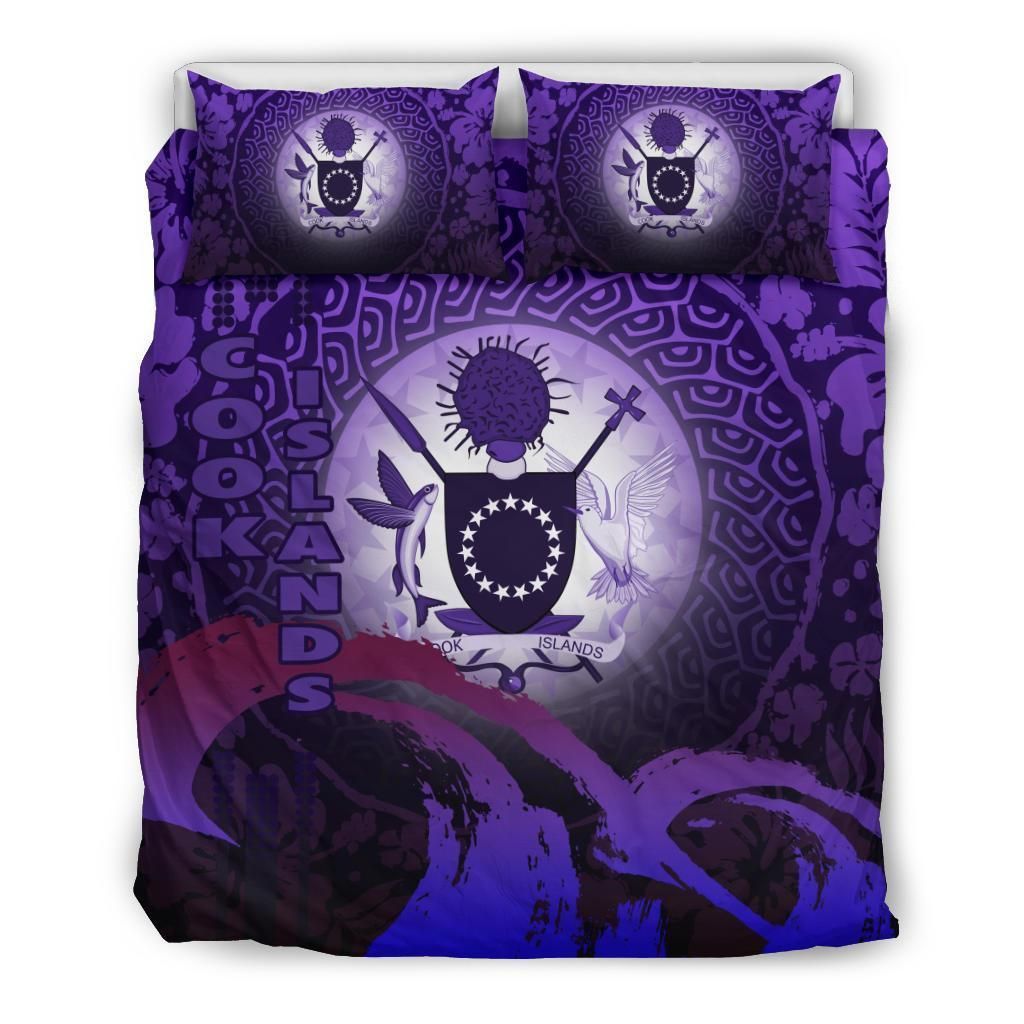 Cook Islands Duvet Cover Set - Cook Islands Coat Of Arms Wave And Hibiscus Purple