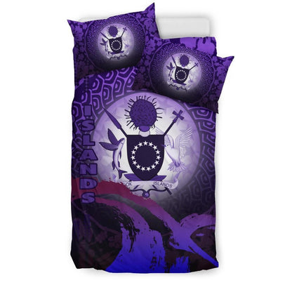 Cook Islands Duvet Cover Set - Cook Islands Coat Of Arms Wave And Hibiscus Purple