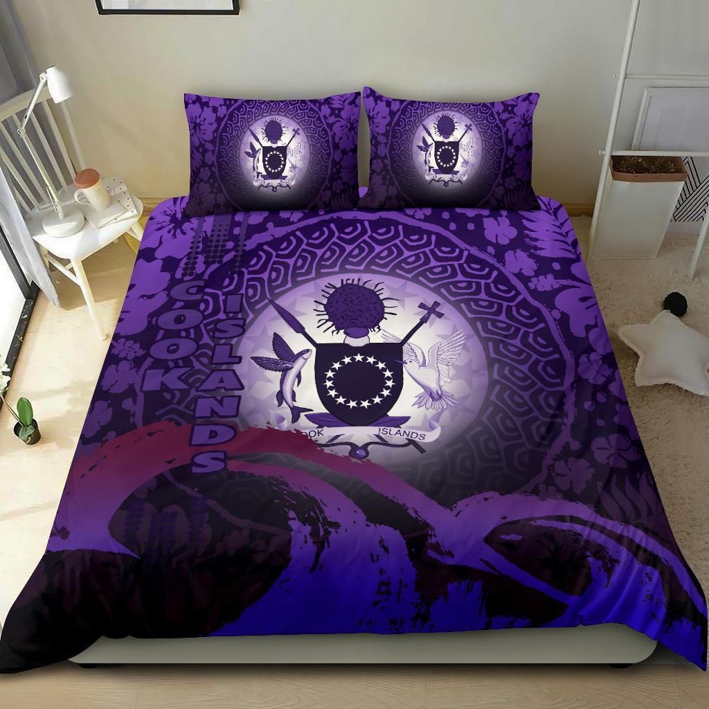 Cook Islands Duvet Cover Set - Cook Islands Coat Of Arms Wave And Hibiscus Purple