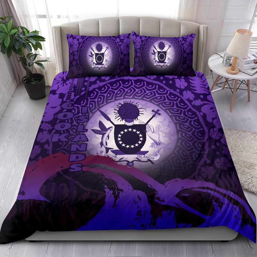 Cook Islands Duvet Cover Set - Cook Islands Coat Of Arms Wave And Hibiscus Purple