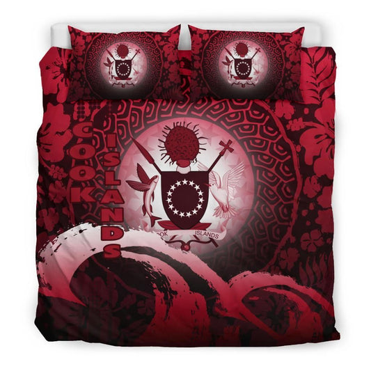 Cook Islands Duvet Cover Set - Cook Islands Coat Of Arms Wave And Hibiscus Red