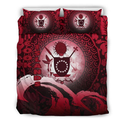 Cook Islands Duvet Cover Set - Cook Islands Coat Of Arms Wave And Hibiscus Red