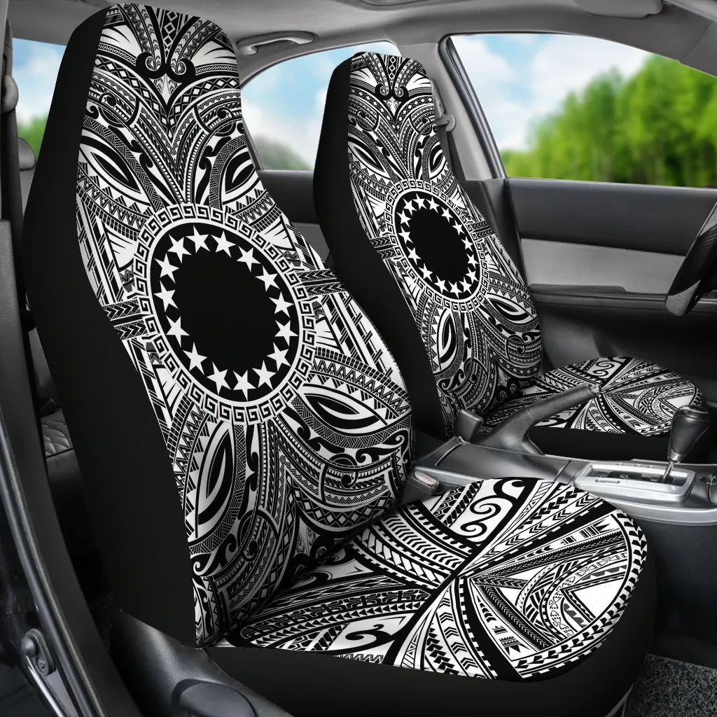 Cook Islands Car Seat Cover - Cook Islands Coat Of Arms Polynesian White Black