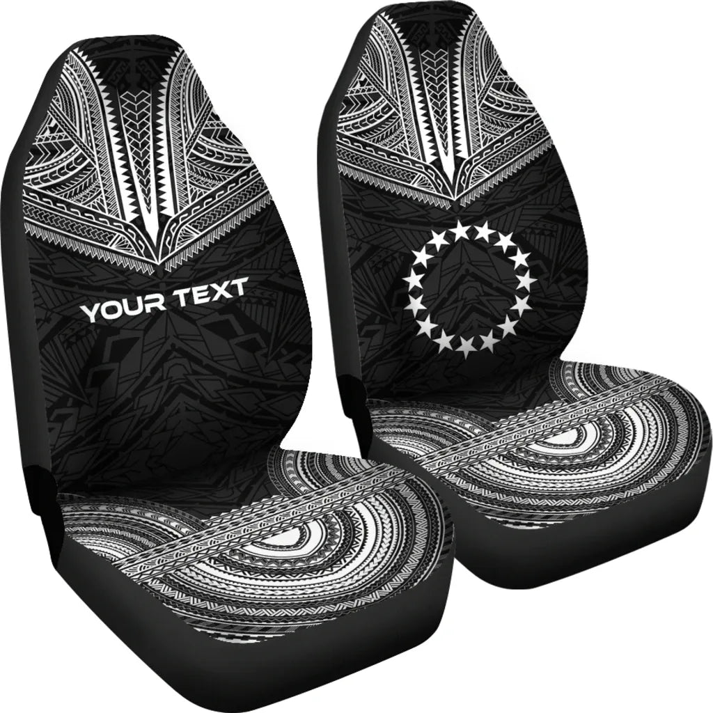 Cook Islands Custom Personalised Car Seat Cover - Cook Islands Flag Polynesian Chief Tattoo Black Version
