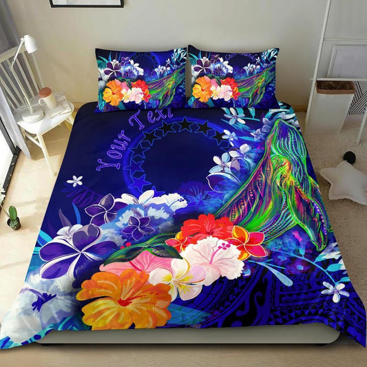 Cook Islands Custom Personalised Bedding Set - Humpback Whale With Tropical Flowers (Blue)