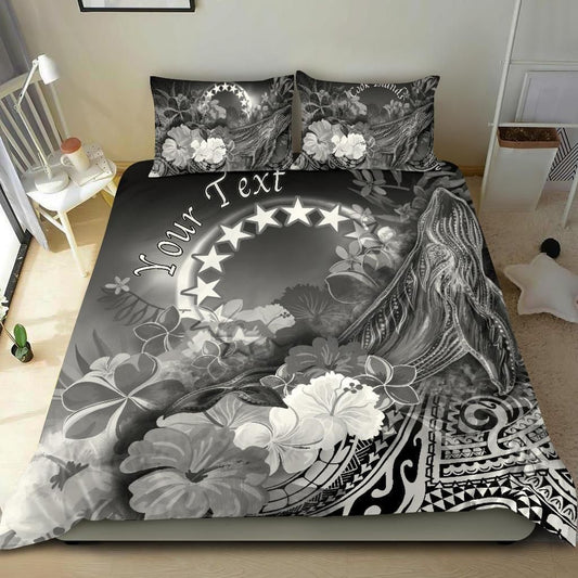 Cook Islands Custom Personalised Bedding Set - Humpback Whale With Tropical Flowers (White)