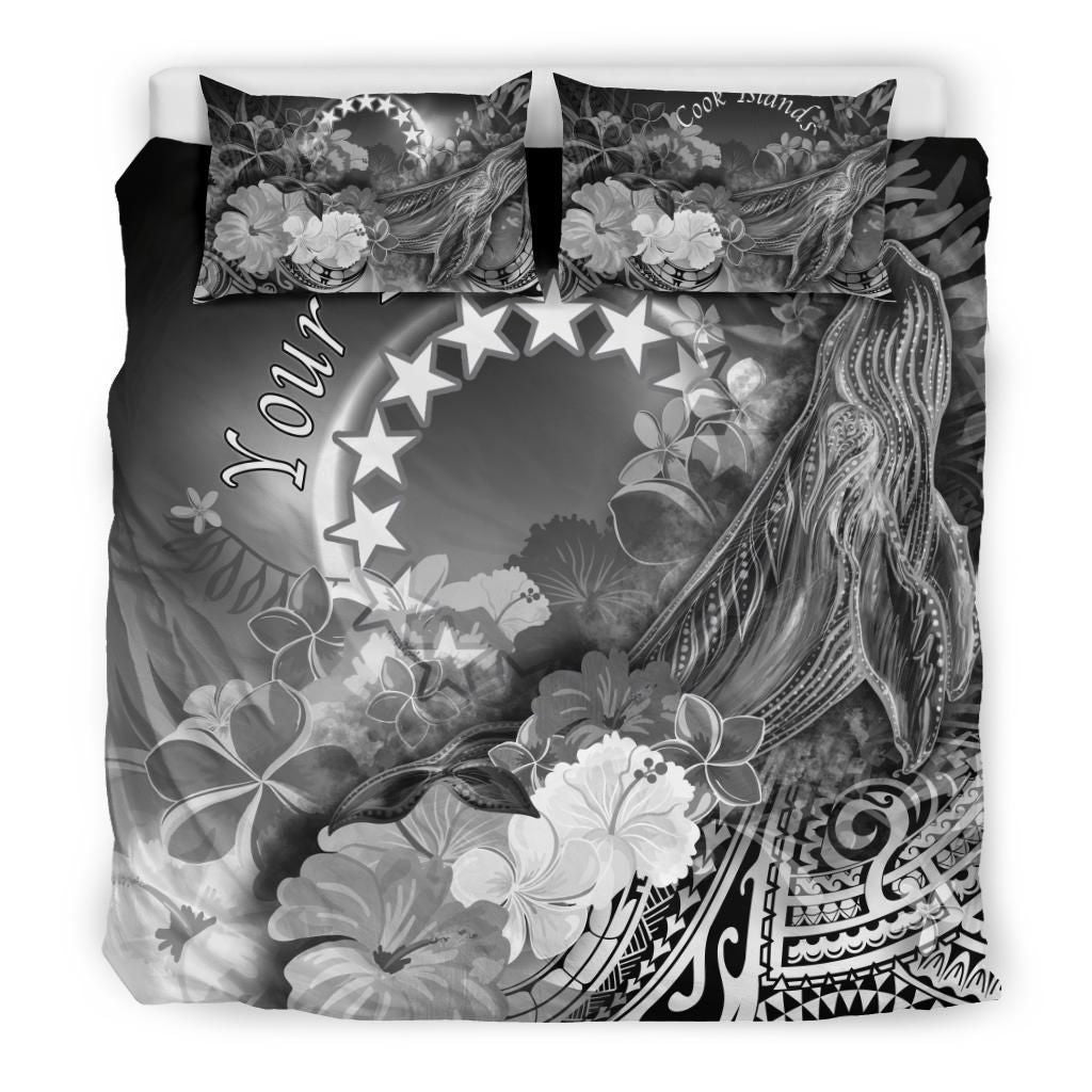 Cook Islands Custom Personalised Bedding Set - Humpback Whale With Tropical Flowers (White)
