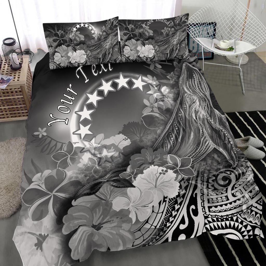 Cook Islands Custom Personalised Bedding Set - Humpback Whale With Tropical Flowers (White)