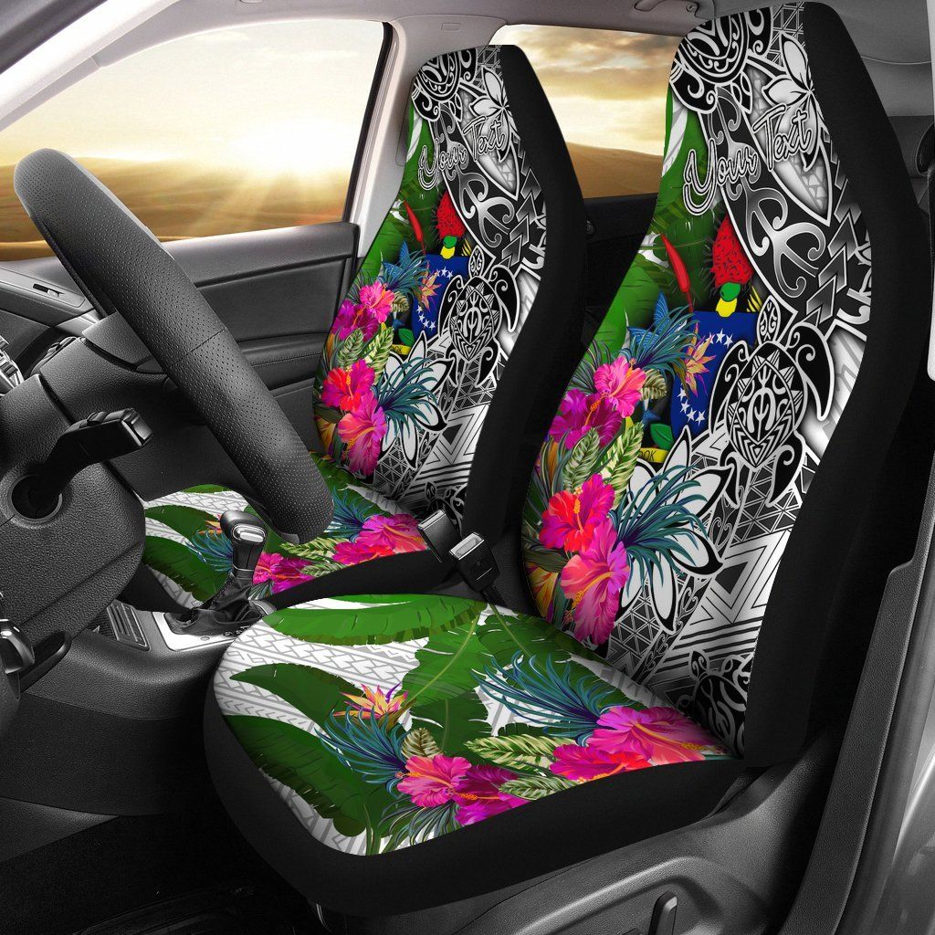Cook Islands Custom Personalised Car Seat Covers White - Turtle Plumeria Banana Leaf