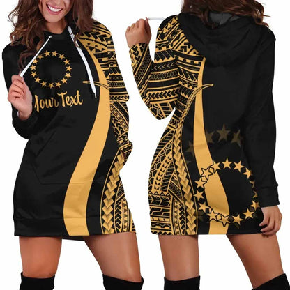 Cook Islands Custom Personalised Hoodie Dress - Gold Polynesian Tentacle Pattern