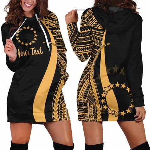 Cook Islands Custom Personalised Hoodie Dress - Gold Polynesian Tentacle Pattern