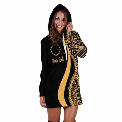 Cook Islands Custom Personalised Hoodie Dress - Gold Polynesian Tentacle Pattern
