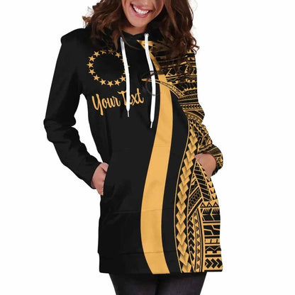 Cook Islands Custom Personalised Hoodie Dress - Gold Polynesian Tentacle Pattern