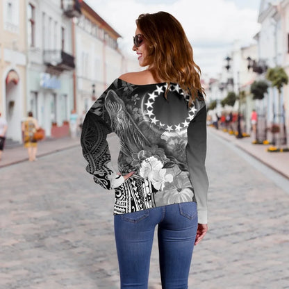 Cook Islands Custom Personalised Women Off Shoulder Sweater - Humpback Whale with Tropical Flowers (White)