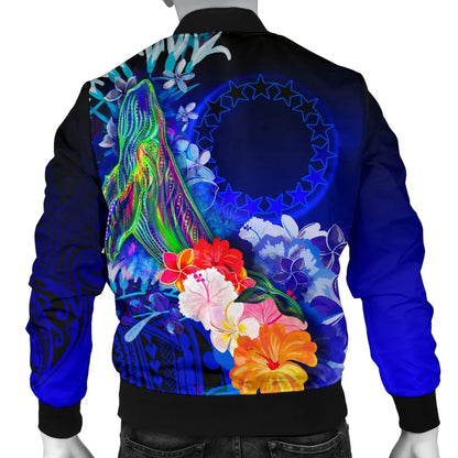 Cook Islands Custom Personalised Bomber Jacket - Humpback Whale with Tropical Flowers (Blue)