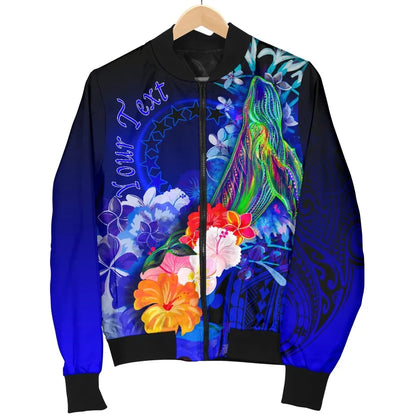 Cook Islands Custom Personalised Bomber Jacket - Humpback Whale with Tropical Flowers (Blue)