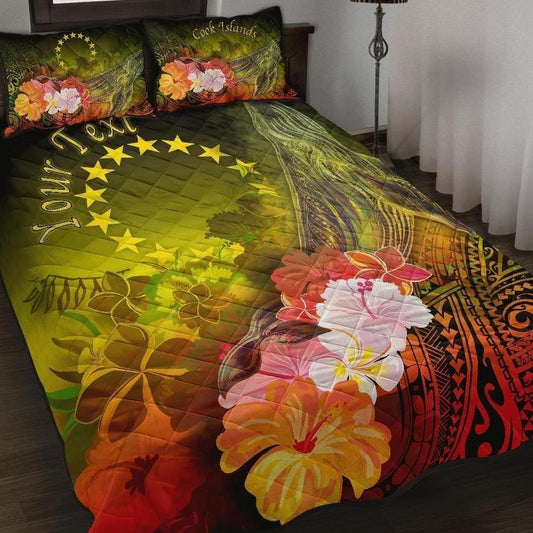 Cook Islands Custom Personalised Quilt Bed Sets - Humpback Whale with Tropical Flowers (Yellow)