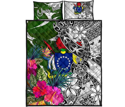 Cook Islands Custom Personalised Quilt Bed Set White - Turtle Plumeria Banana Leaf