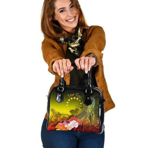 Cook Islands Custom Personalised Shoulder Handbags - Humpback Whale With Tropical Flowers (Yellow)