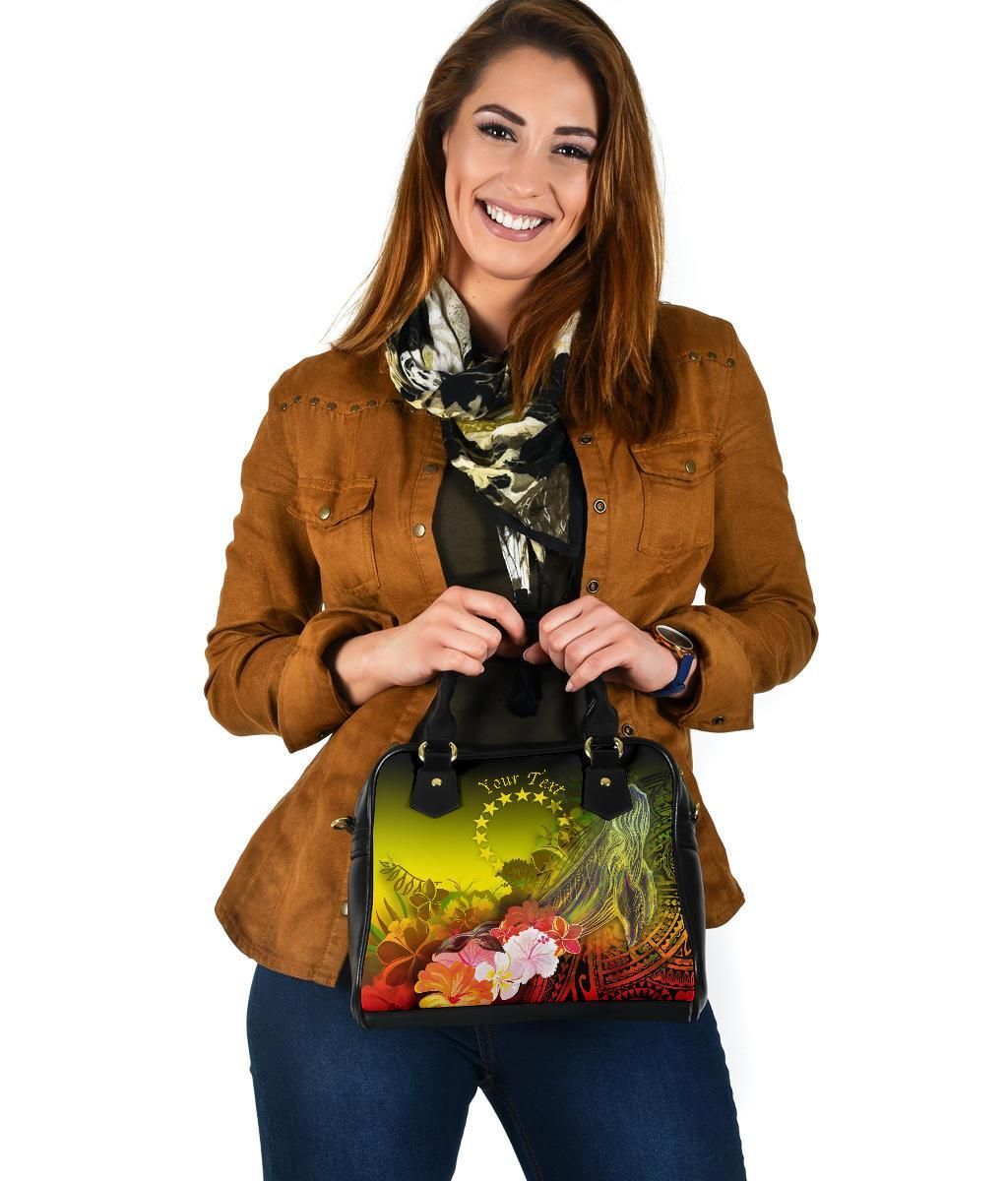 Cook Islands Custom Personalised Shoulder Handbags - Humpback Whale With Tropical Flowers (Yellow)