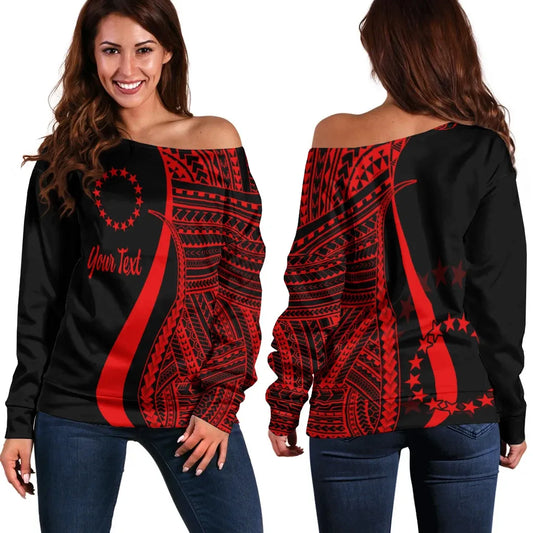 Cook Islands Custom Personalised Women Off Shoulder Sweater - Red Polynesian Tentacle Tribal Pattern