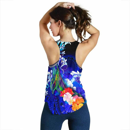 Cook Islands Custom Personalised Women Racerback Tank - Humpback Whale with Tropical Flowers (Blue)