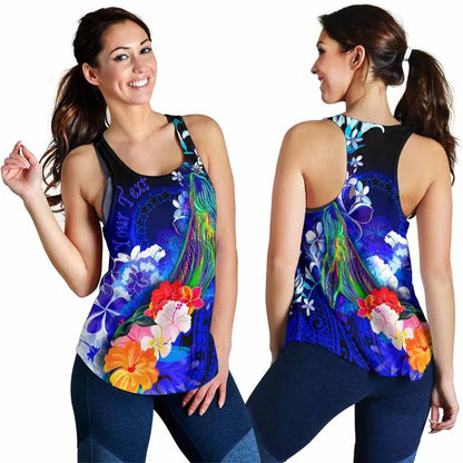 Cook Islands Custom Personalised Women Racerback Tank - Humpback Whale with Tropical Flowers (Blue)