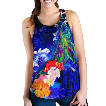 Cook Islands Custom Personalised Women Racerback Tank - Humpback Whale with Tropical Flowers (Blue)