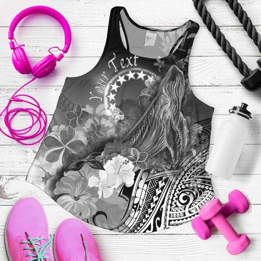 Cook Islands Custom Personalised Women Racerback Tank - Humpback Whale with Tropical Flowers (White)