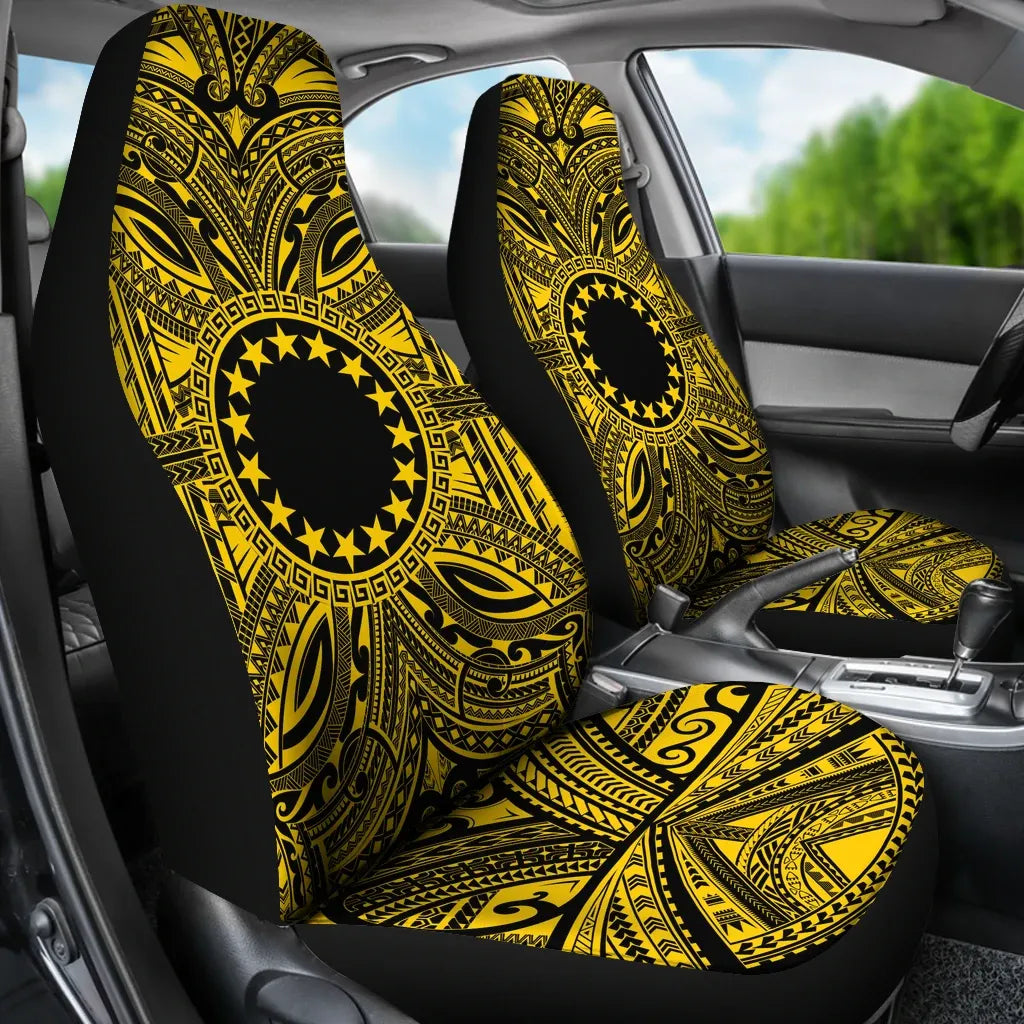 Cook Islands Car Seat Cover - Cook Islands Coat Of Arms Polynesian Gold Black