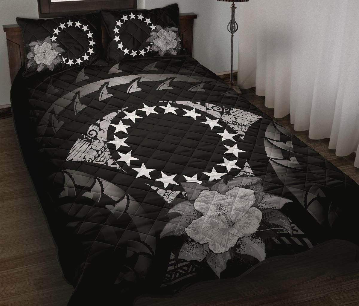 Cook Islands Polynesian Quilt Bed Set Hibiscus Gray