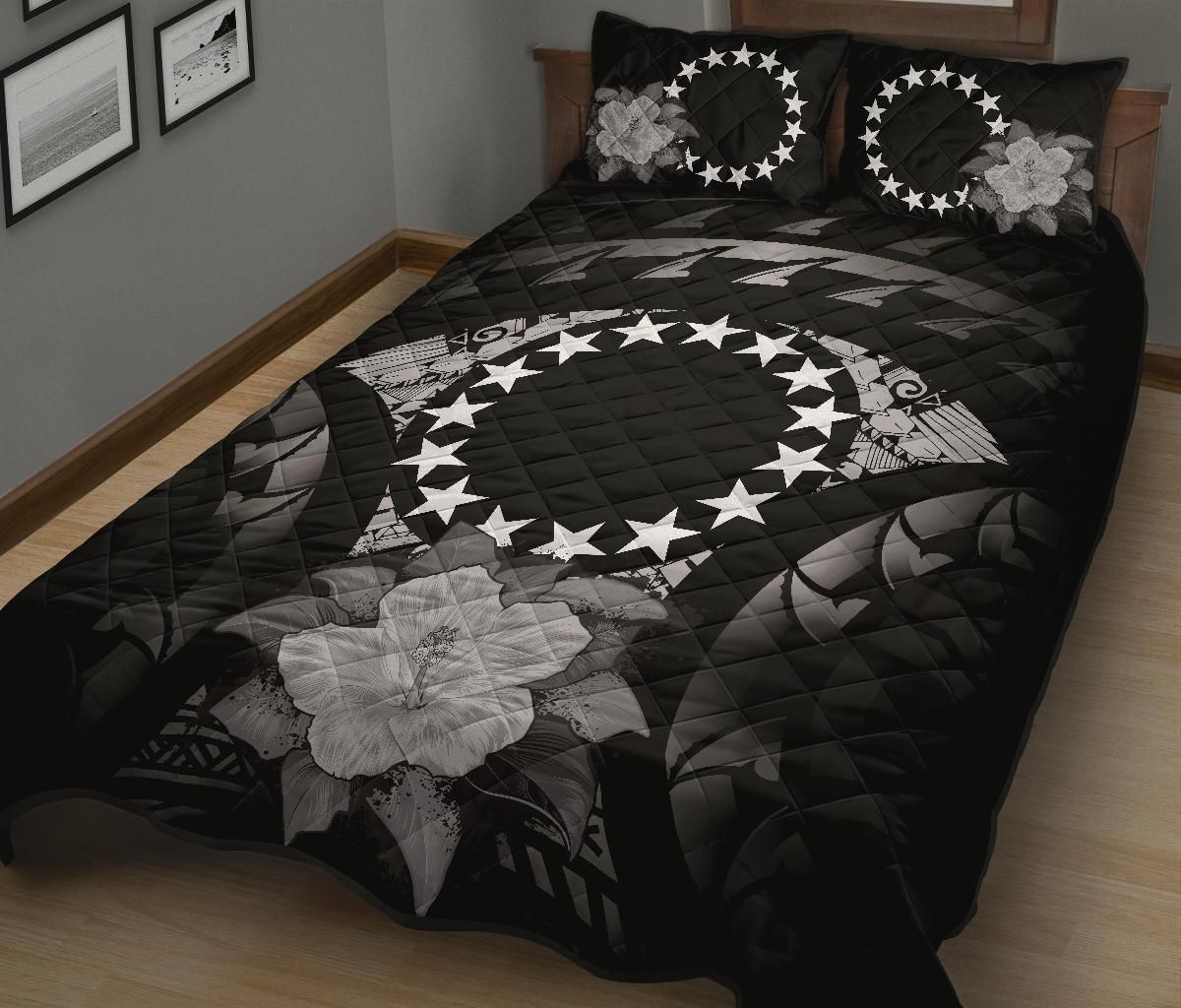 Cook Islands Polynesian Quilt Bed Set Hibiscus Gray