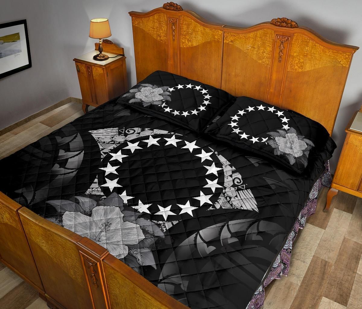 Cook Islands Polynesian Quilt Bed Set Hibiscus Gray