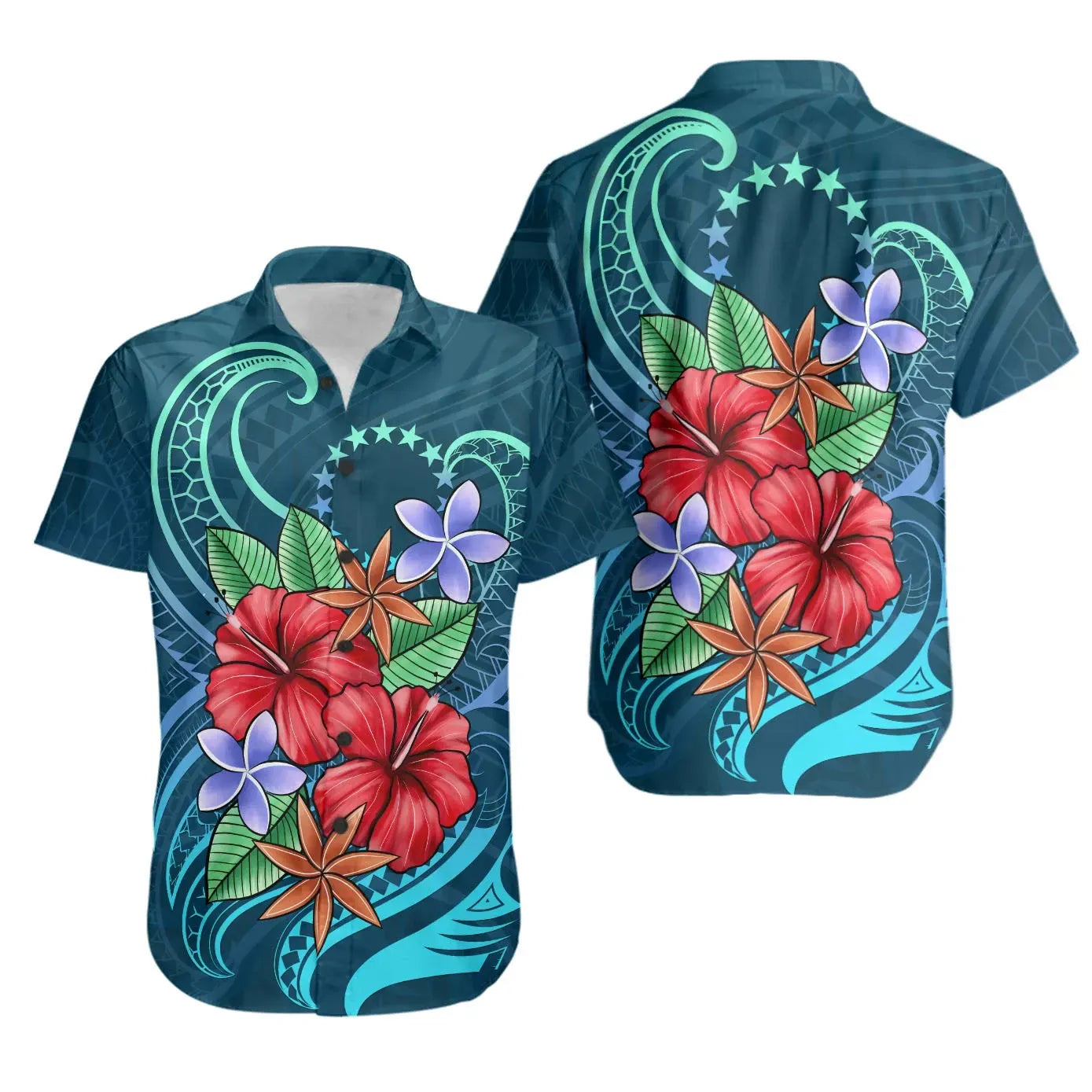 Cook Islands Short Sleeve Shirt - Blue Pattern With Tropical Flowers