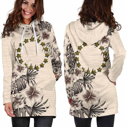 Cook Islands Hoodie Dress - Cook Islands Flag & Beige Hibiscus