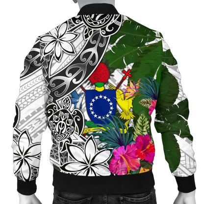 Cook Islands Bomber Jacket White - Turtle Plumeria Banana Leaf