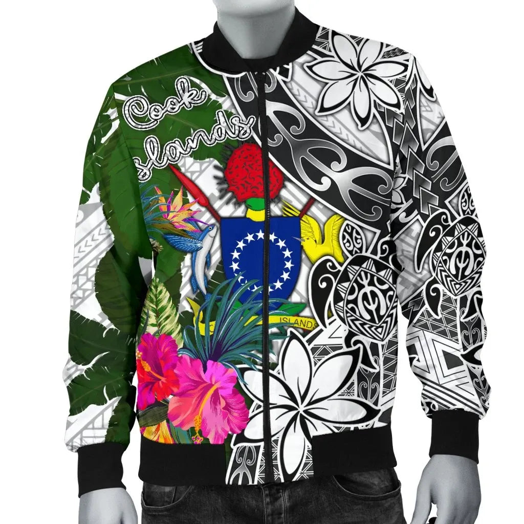 Cook Islands Bomber Jacket White - Turtle Plumeria Banana Leaf