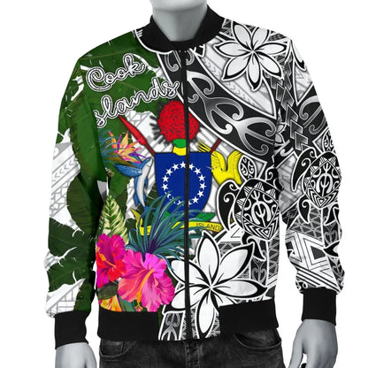 Cook Islands Bomber Jacket White - Turtle Plumeria Banana Leaf