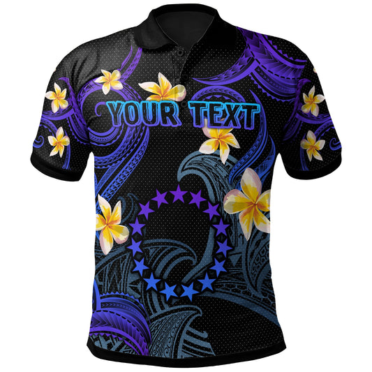 Cook Islands Polo Shirt - Custom Personalised Polynesian Waves with Plumeria Flowers (Blue)