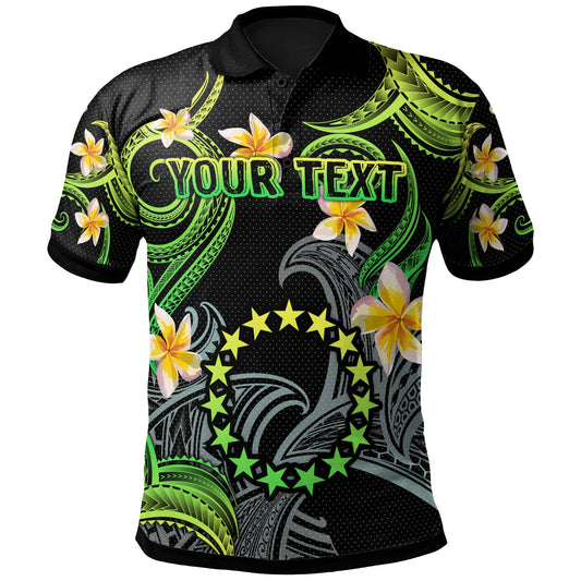 Cook Islands Polo Shirt - Custom Personalised Polynesian Waves with Plumeria Flowers (Green)