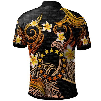 Cook Islands Polo Shirt - Custom Personalised Polynesian Waves with Plumeria Flowers (Orange)