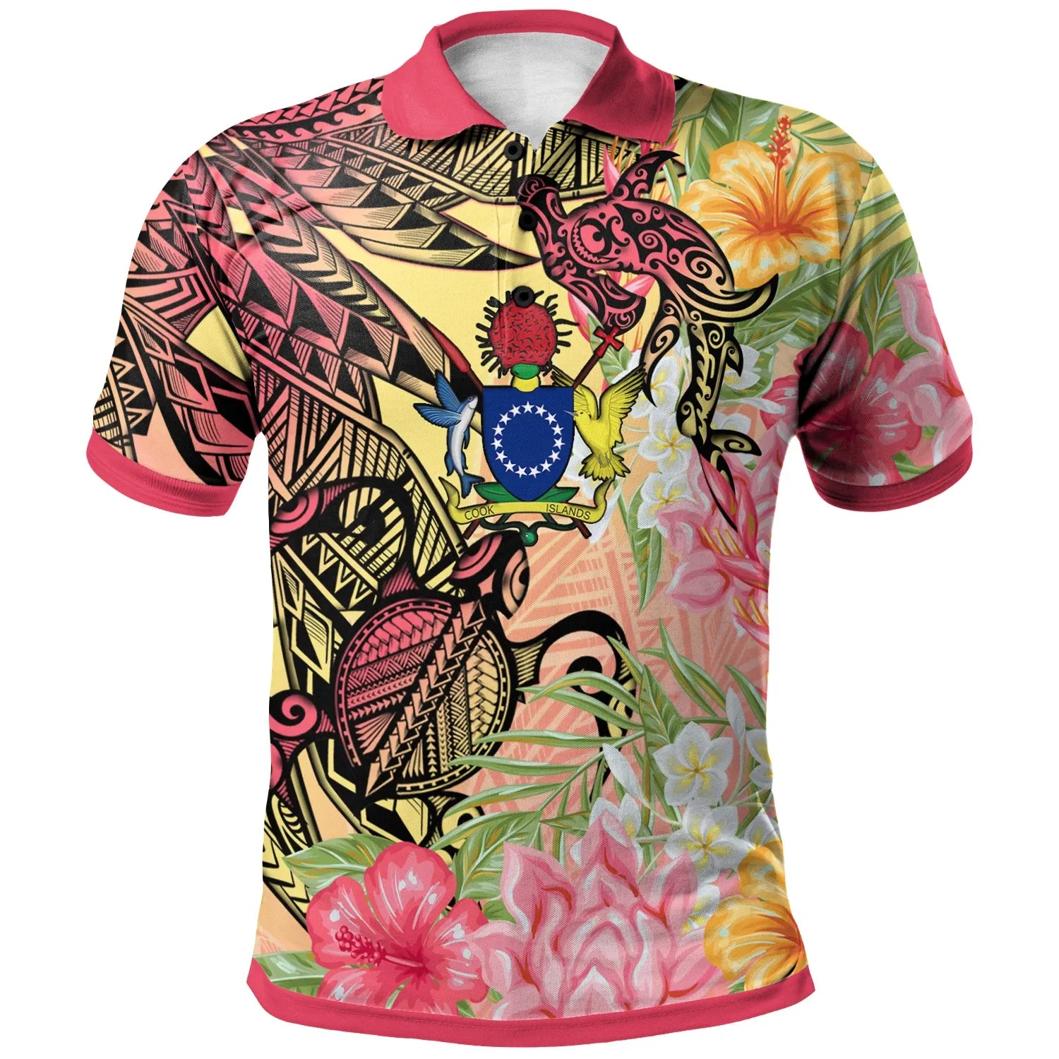 Cook Islands Polo Shirt -  Flowers Tropical With Sea Animals