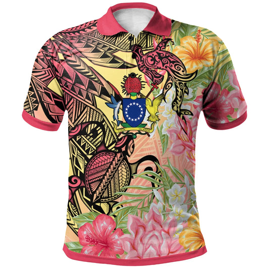 Cook Islands Polo Shirt -  Flowers Tropical With Sea Animals