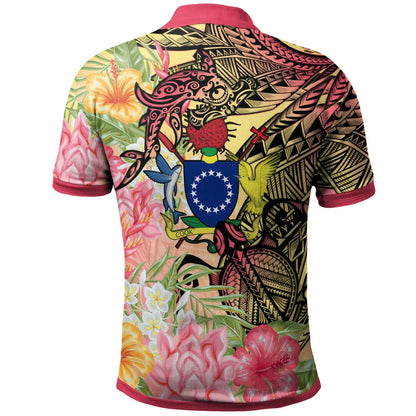 Cook Islands Polo Shirt -  Flowers Tropical With Sea Animals