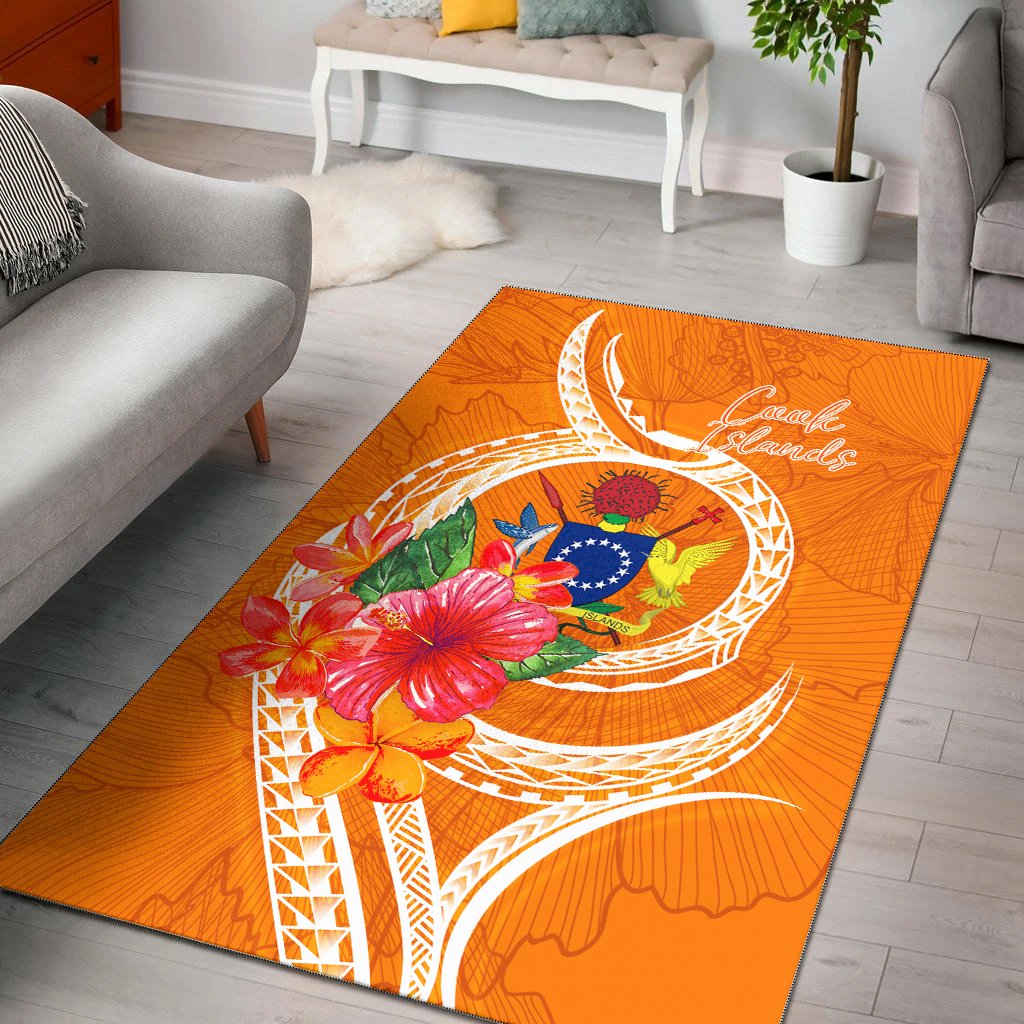 Cook Islandss Polynesian Area Rug - Orange Floral With Seal