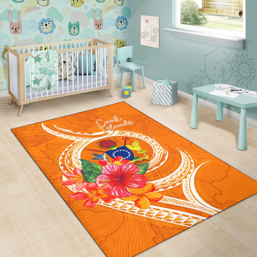 Cook Islandss Polynesian Area Rug - Orange Floral With Seal