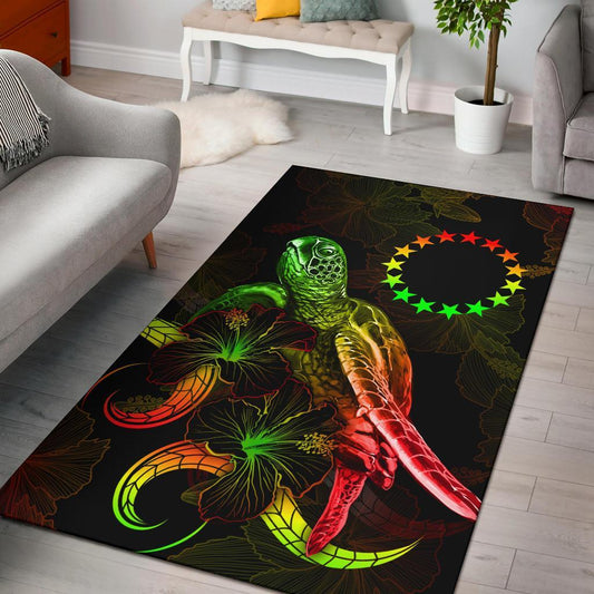 Cook Islandss Polynesian Area Rugs - Turtle With Blooming Hibiscus Reggae