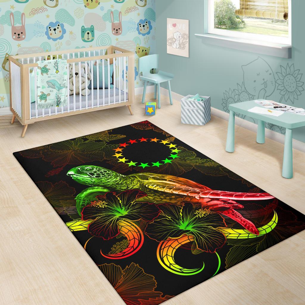 Cook Islandss Polynesian Area Rugs - Turtle With Blooming Hibiscus Reggae