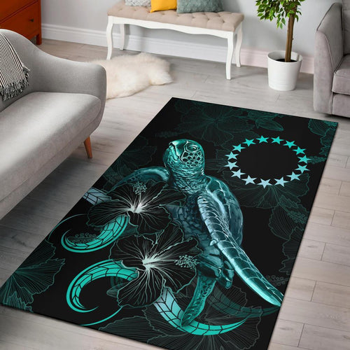 Cook Islandss Polynesian Area Rugs - Turtle With Blooming Hibiscus Turquoise